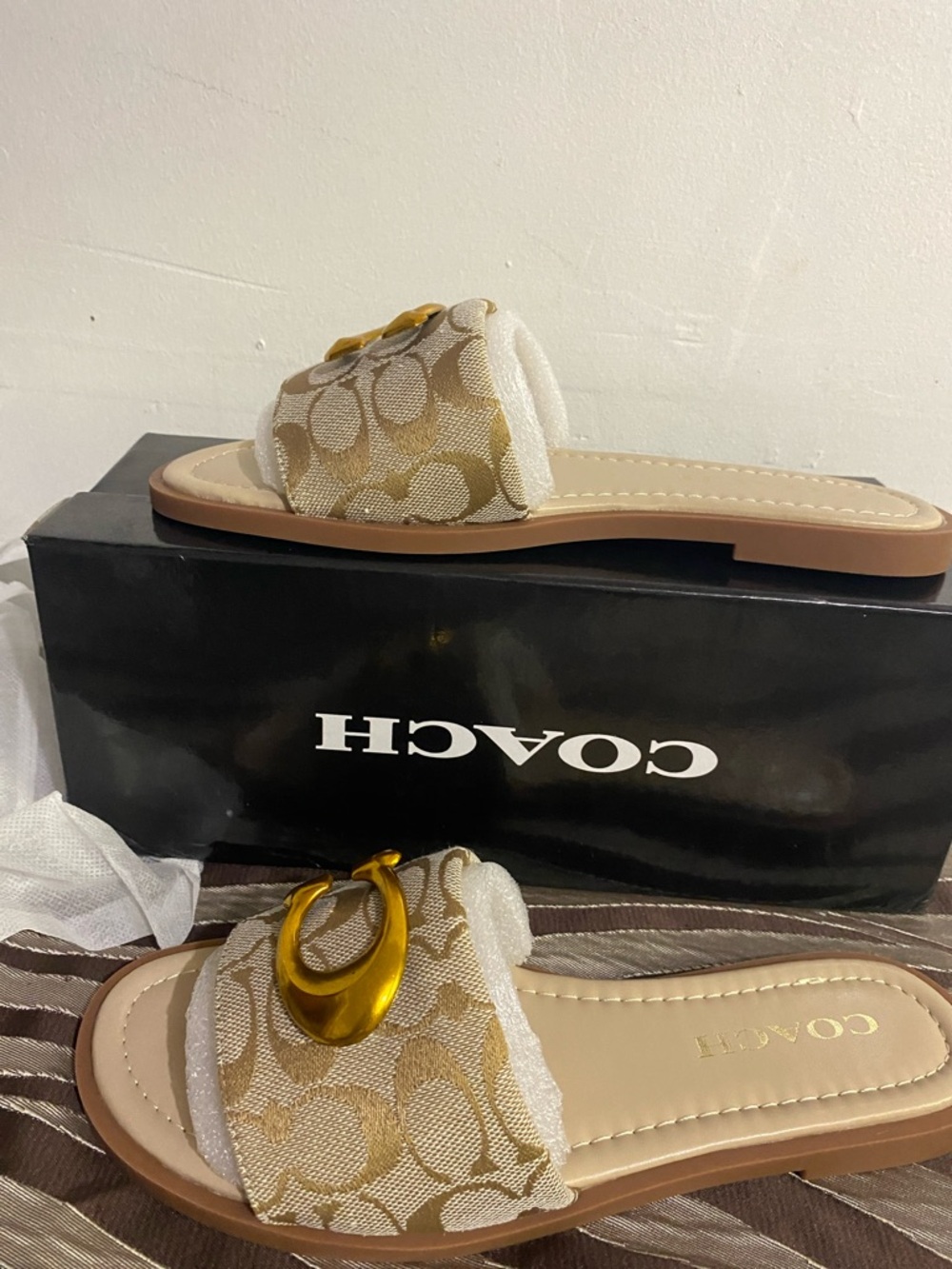 Coach Tan & Cream Signature Slide Sandals with Gold Hardware - Picture 3 of 4